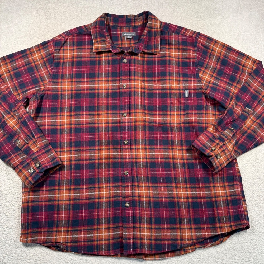 Eddie Bauer Flannel Shirt Mens XXL Red Orange Plaid Long Sleeve Button Down